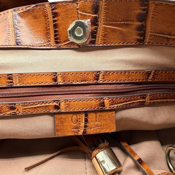 G.I.L.I. Genuine Leather Croc Embossed Satchel Tote Bag Cognac Brown - Picture 14 of 16